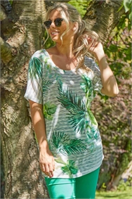 Green Tropical Print Embellished T-Shirt