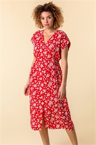 Red Floral Print Button Through Dress