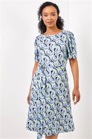 Blue Petite Abstract Print Midi Dress