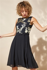 Black Contrast Floral Fit & Flare Dress