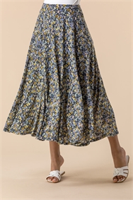 Blue Ditsy Floral Burnout Midi Skirt