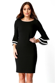 Black Double Fluted 3/4 Length Sleeve Dress