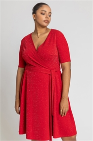 Red Curve Shimmer Wrap Dress