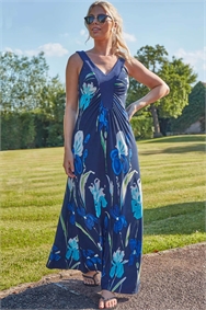 Navy Floral Contrast Band Maxi Dress