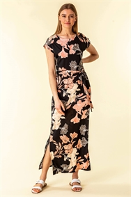 Black Belted Floral Maxi Dress