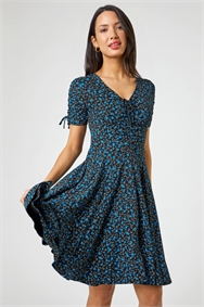 Blue Ditsy Floral Print Ruched Tea Dress