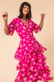 Pink Floral Print Tiered Frill Midi Dress