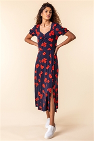 Navy Floral Print Ruched Maxi Dress
