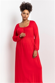 Red Curve Long Sleeve Jersey Midi Dress