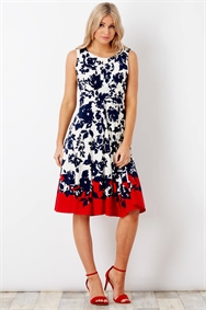 Red Floral Twist Waist Fit and Flare Dress