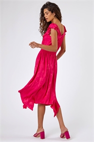 Pink Shirred Waist Ruffle Midi Dress