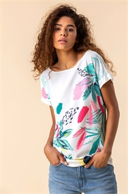 Multi Abstract Leaf Print Stretch T-Shirt