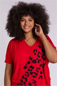 Red Curve Embellished Animal Print T-Shirt