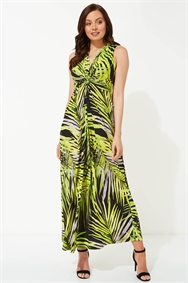 Lime Palm Print Twist Front Maxi Dress