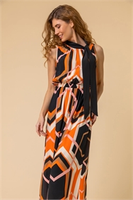 Orange Geo Print Tie Neck Detail Midi Dress