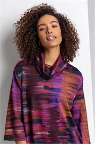 Purple Abstract Print Cowl Neck Dress