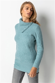 Steel Blue Cable Knit High Neck Jumper