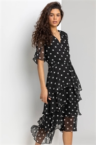 Black Spot Print Tiered Frill Midi Dress