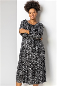 Black Curve Spot Print Midi Dress