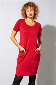 Red Hotfix Pocket Detail Slouch Dress