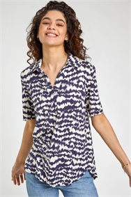 Navy Abstract Print Jersey Top