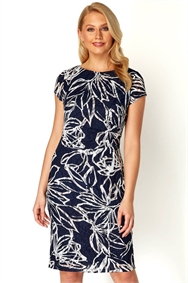 Navy Floral Side Ruched Lace Dress