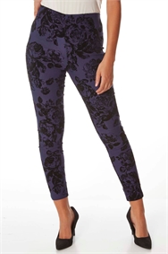 Midnight-Blue Flocked Full Length Stretch Trousers