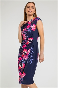 Navy Petite Floral Ruched Waist Dress