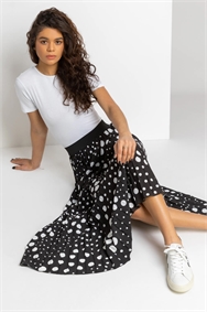 Black Spot Print Pleated Maxi Skirt