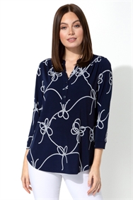 Navy/White Rope Print Button Detail Top
