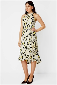 Yellow Animal Print Tie Waist Midi Dress 
