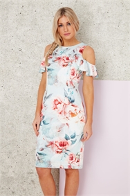 Floral Ruffle Cold Shoulder Scuba Dress