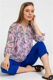 Pink Petite Ditsy Floral Button Detail Top