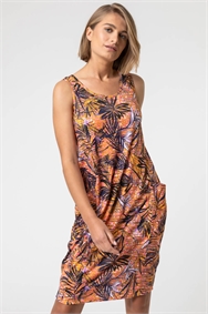 Orange Tropical Palm Print Slouch Pocket Dress