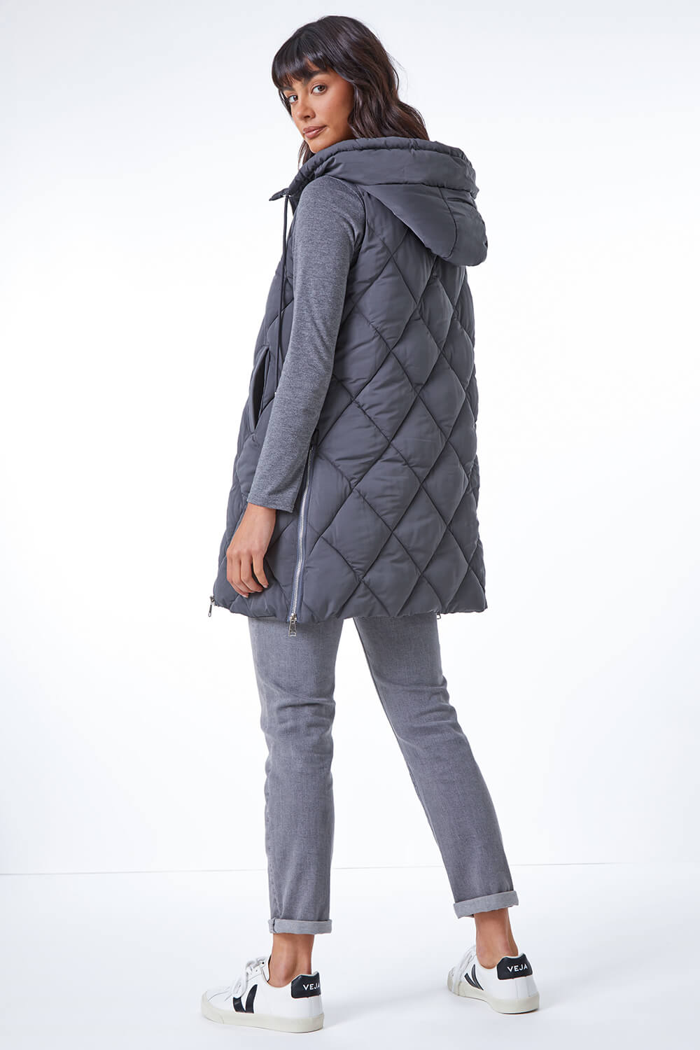 Diamond Quilted Hooded Gilet in Charcoal Roman Originals UK