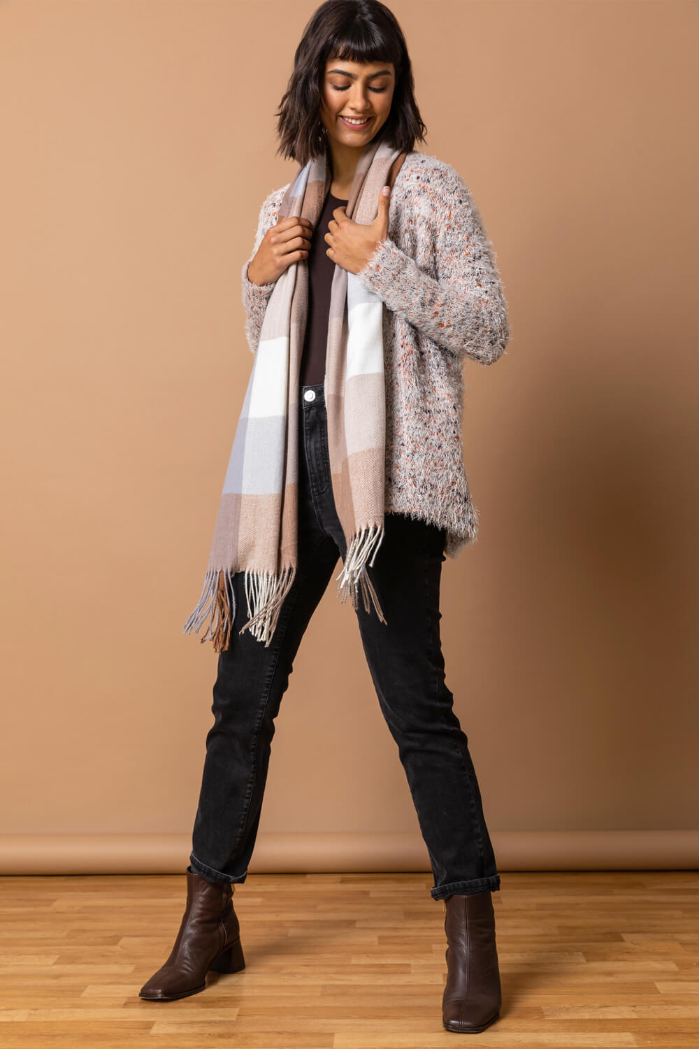 Cream  Brushed Check Print Scarf, Image 2 of 3