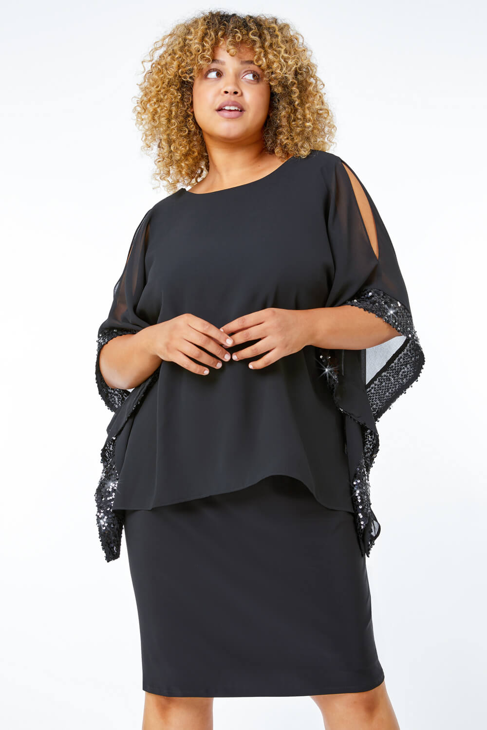 Black Curve Sequin Trim Chiffon Overlay Dress, Image 4 of 5