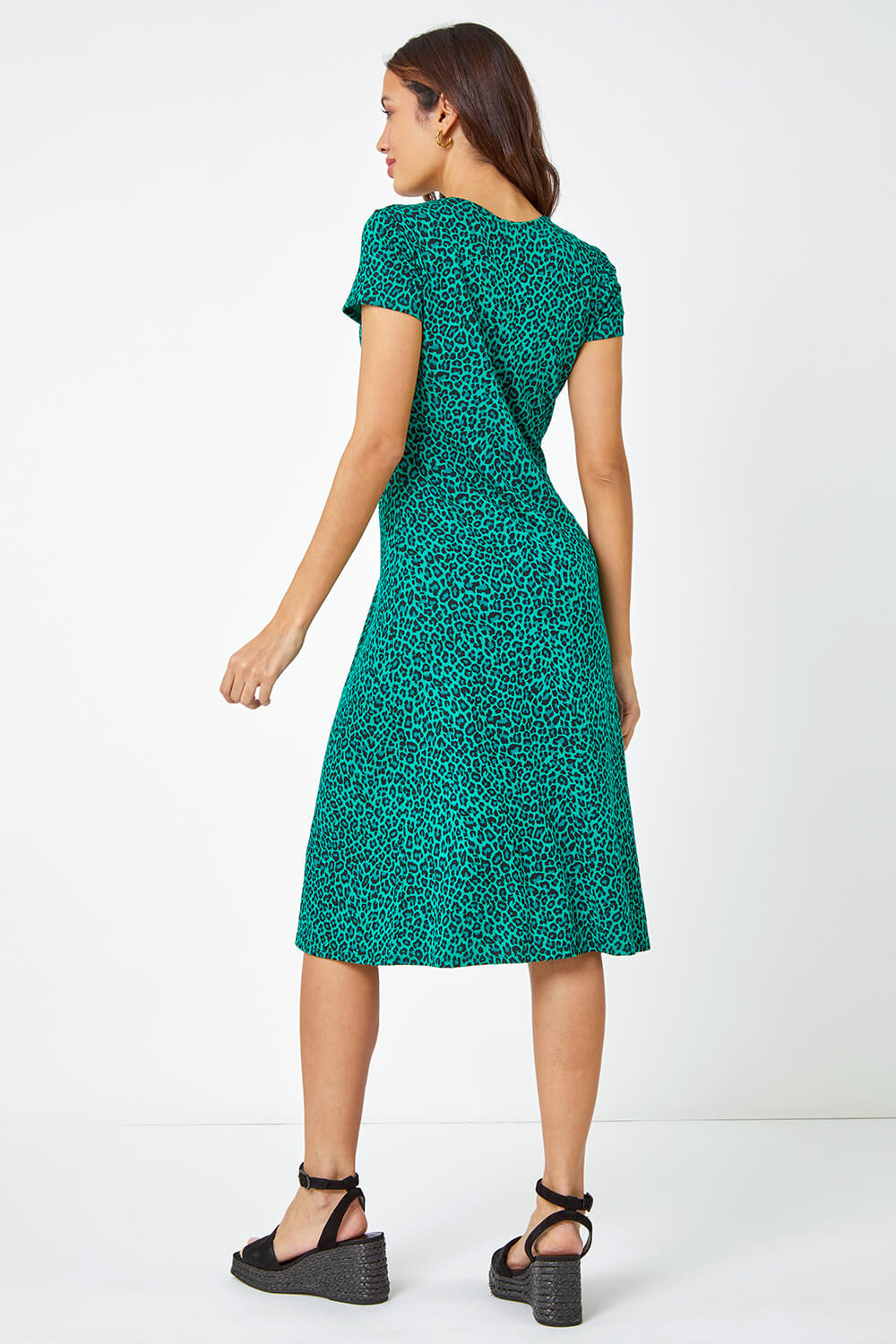 Green Leopard Print Ruched Midi Dress, Image 3 of 5