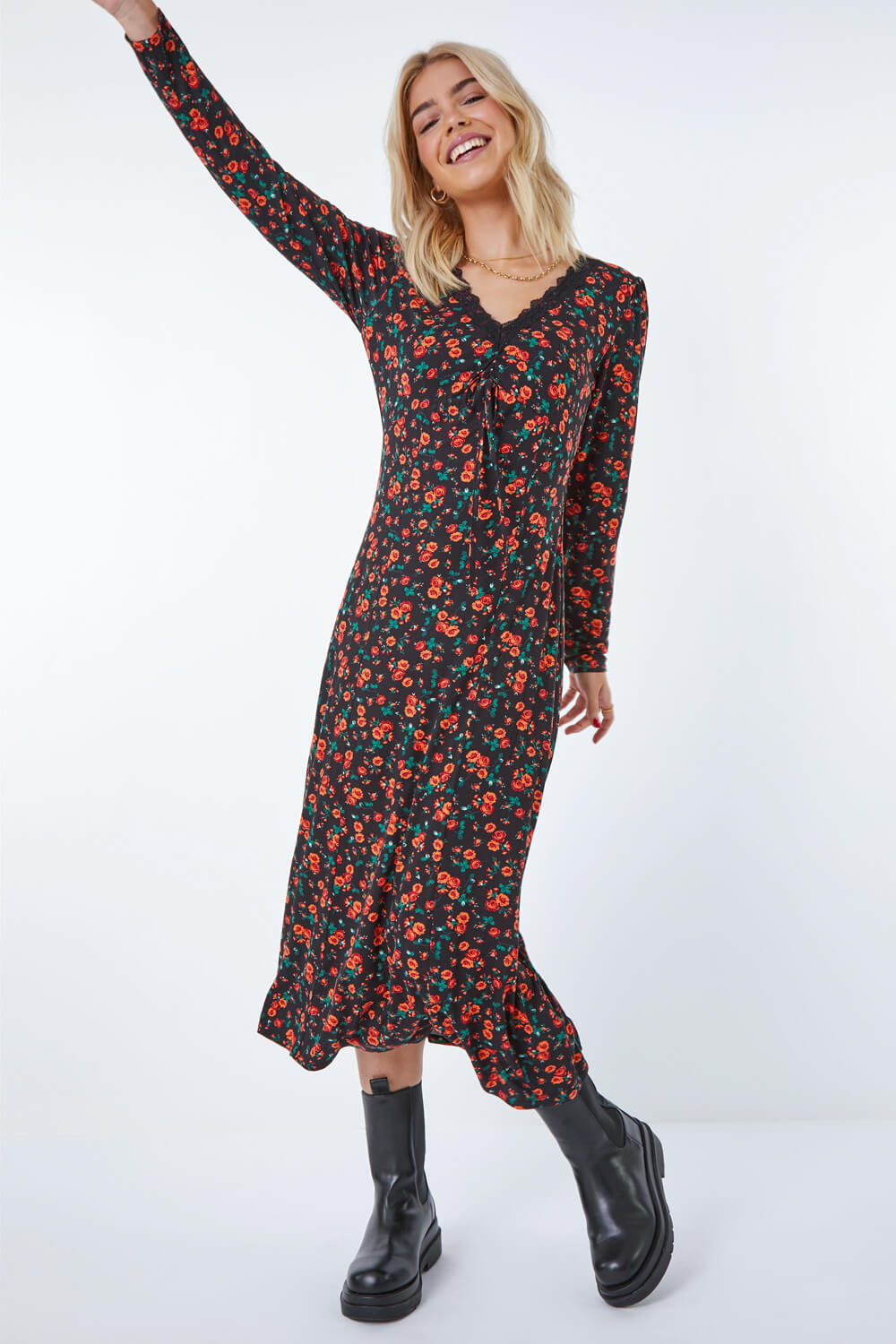 Red Lace Trim Ditsy Floral Midi Dress, Image 2 of 5