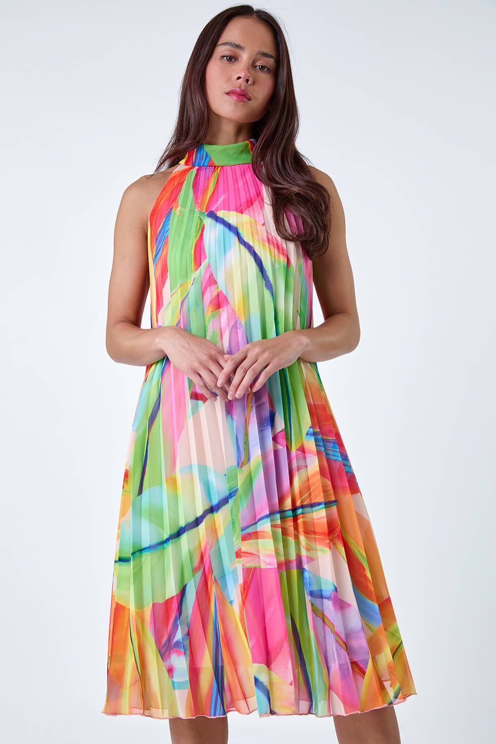 ORANGE Petite Tropical Halter Neck Pleated Dress, Image 4 of 7