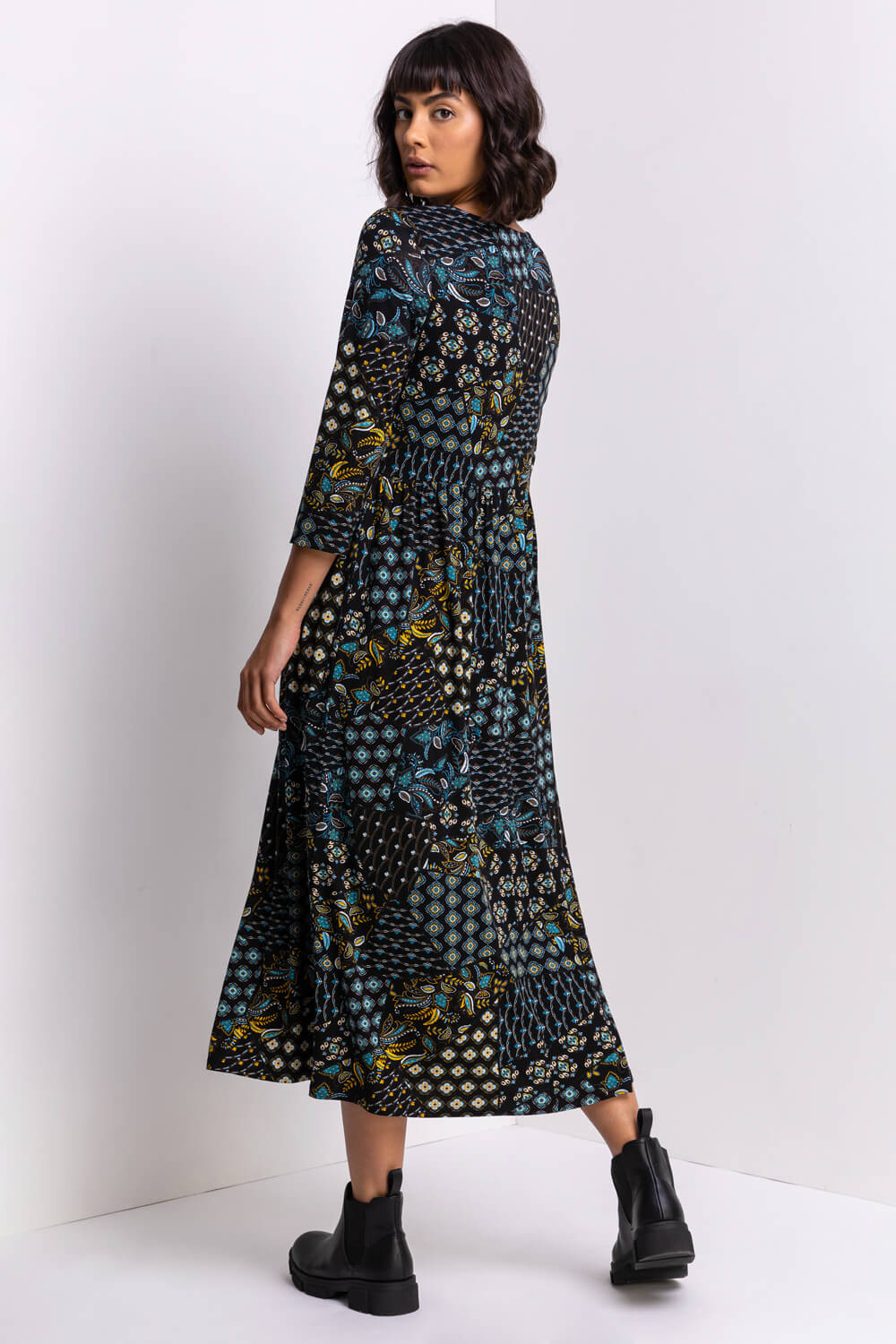 Blue Patchwork Floral Print Midi Dress, Image 2 of 5