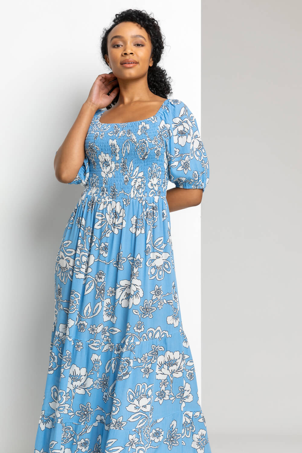 Blue Petite Floral Print Shirred Bodice Maxi Dress, Image 1 of 4