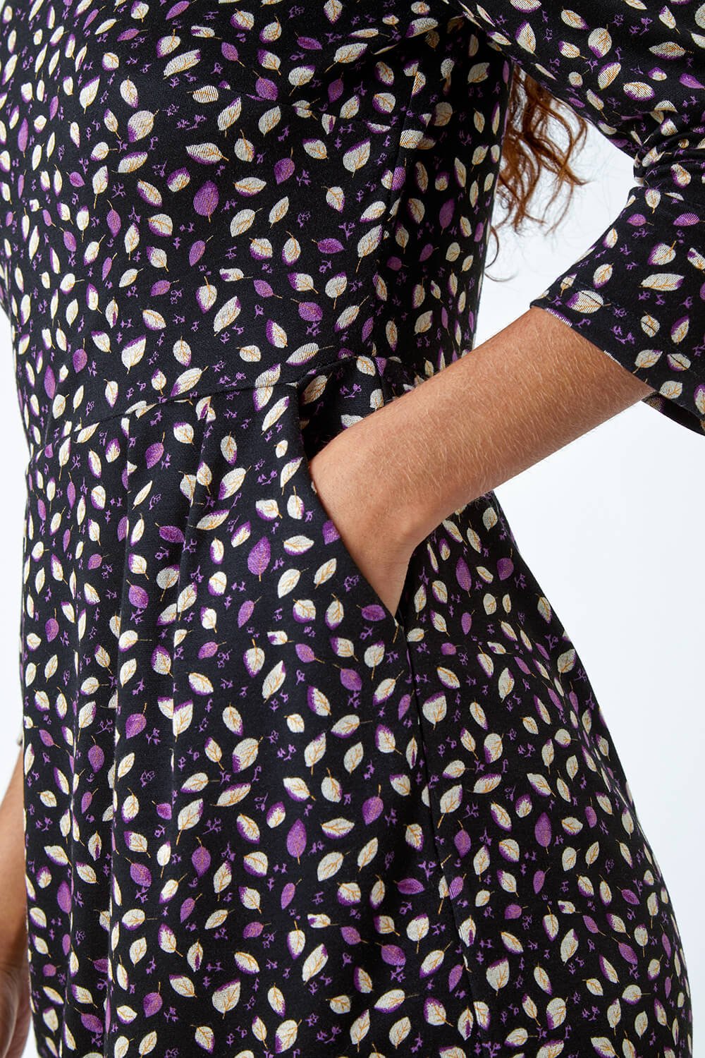 Purple Leaf Print Pleat Detail Shift Dress, Image 5 of 5