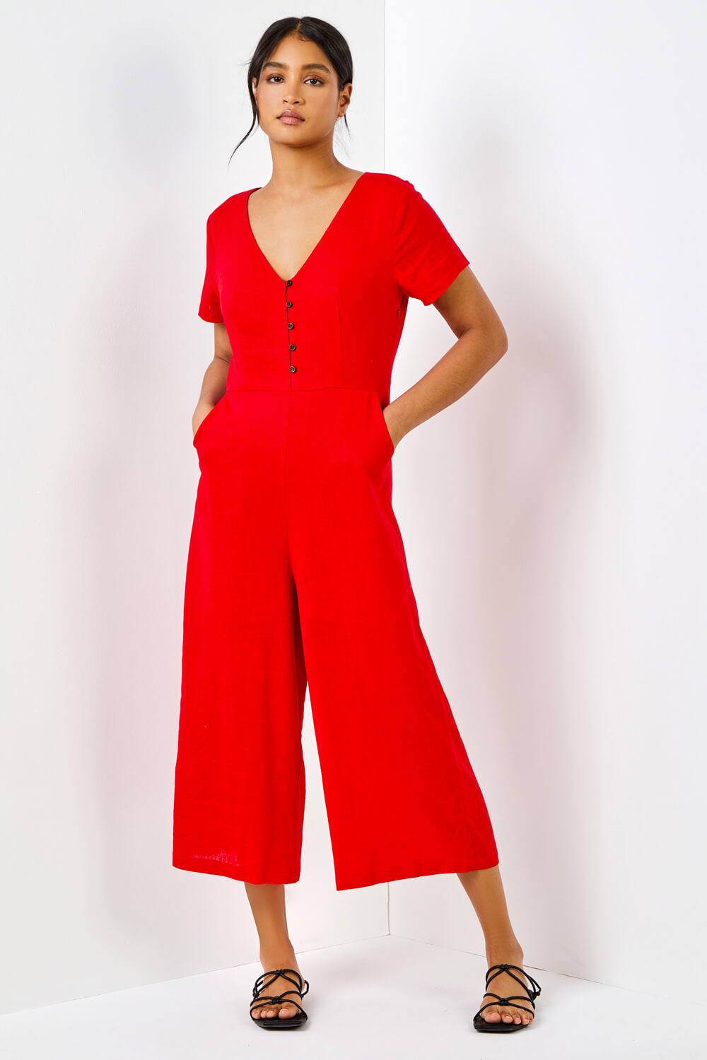 Red Cotton Blend Culotte Jumpsuit, Image 5 of 6