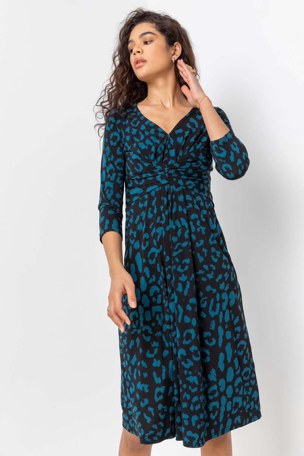 Teal Animal Print Fit And Flare Dress, Image 4 of 4