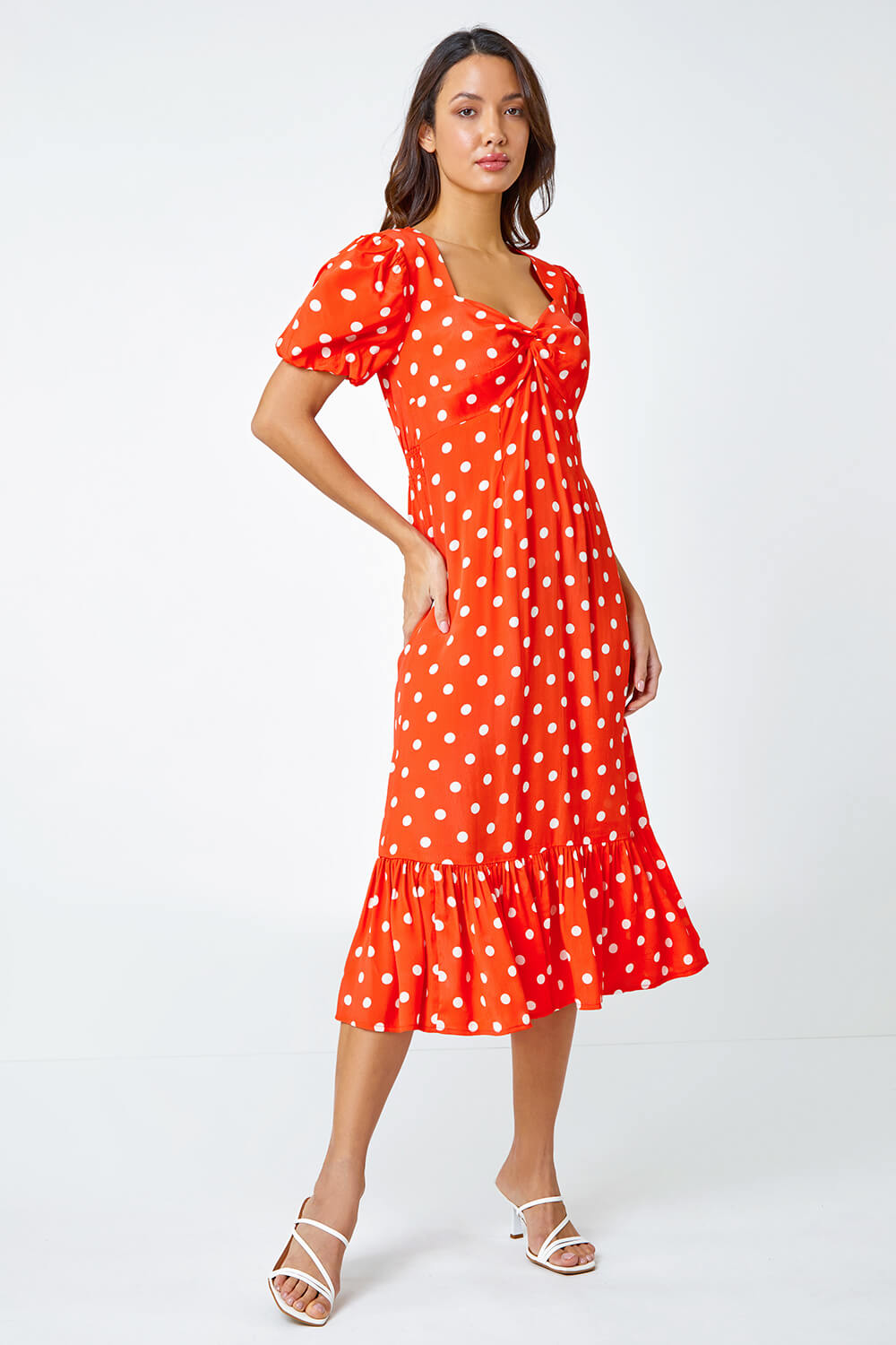 Red Polka Dot Twist Front Midi Dress, Image 4 of 6