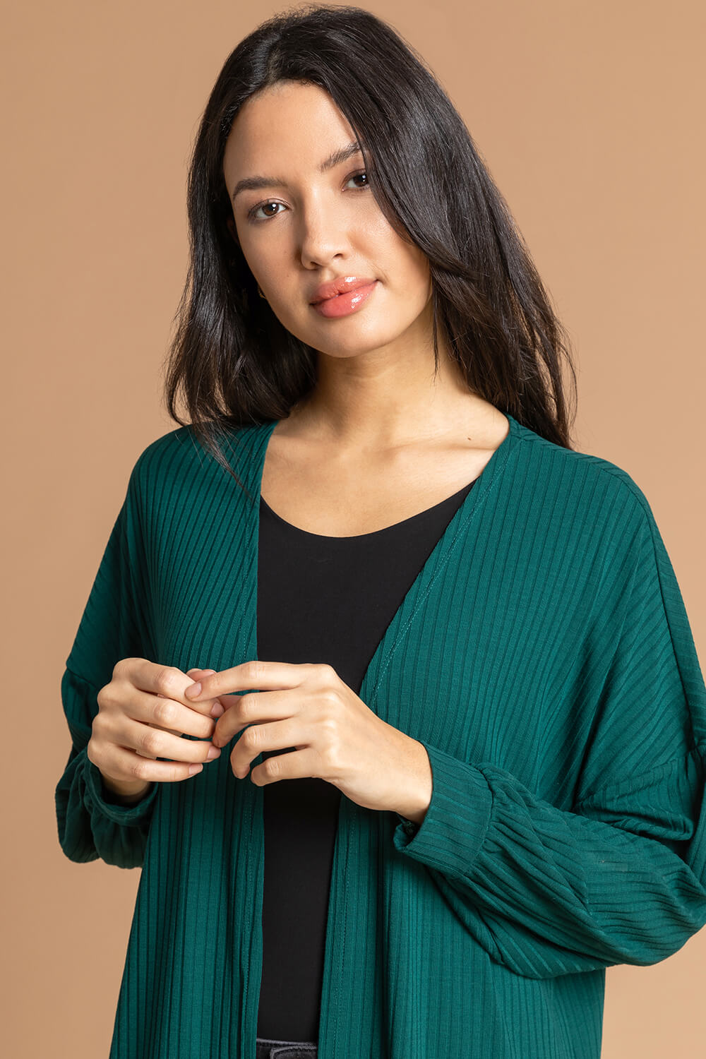 Forest  Longline Ribbed Texture Cardigan, Image 4 of 5