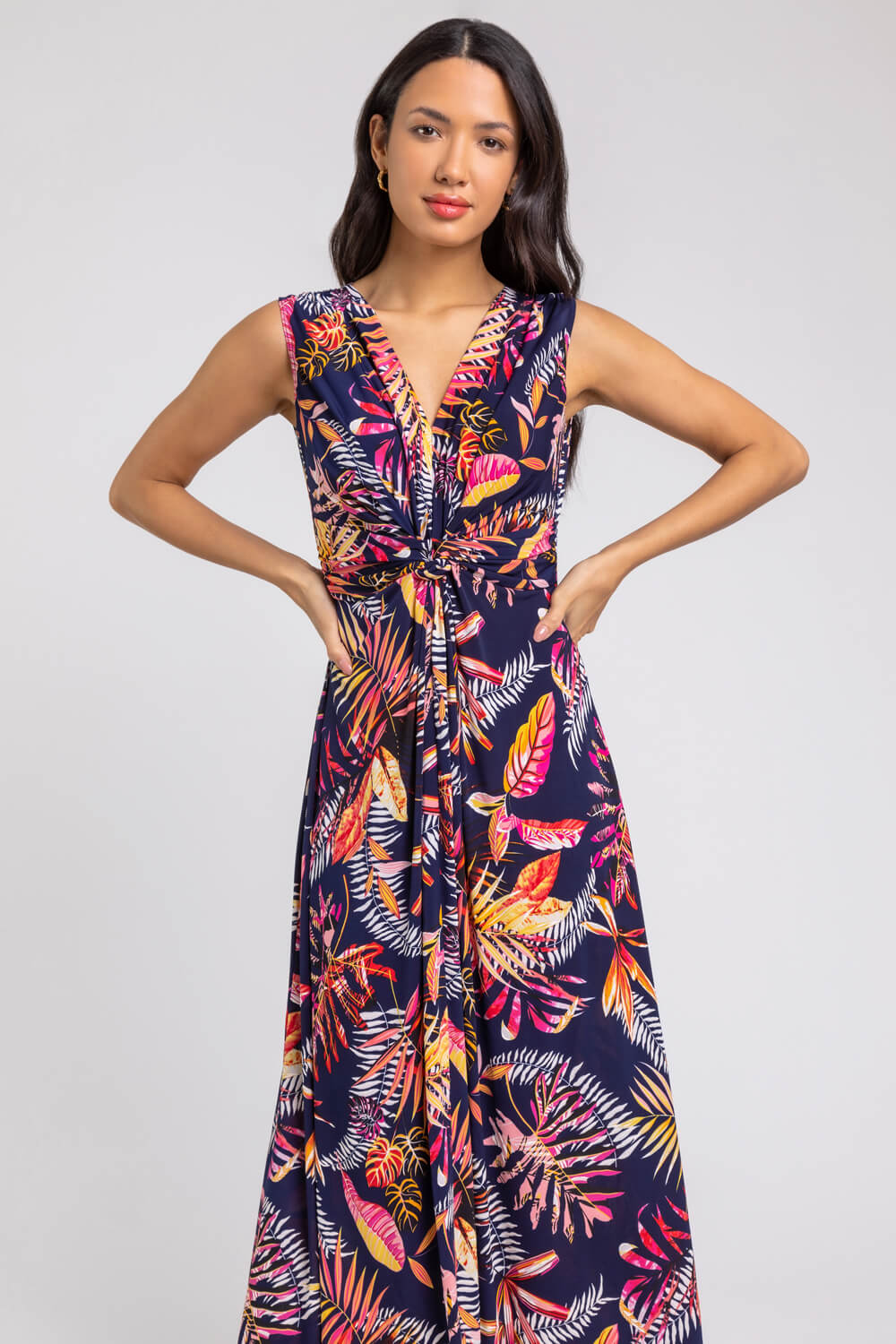Navy  Tropical Twist Stretch Ruched Maxi Dress, Image 4 of 4
