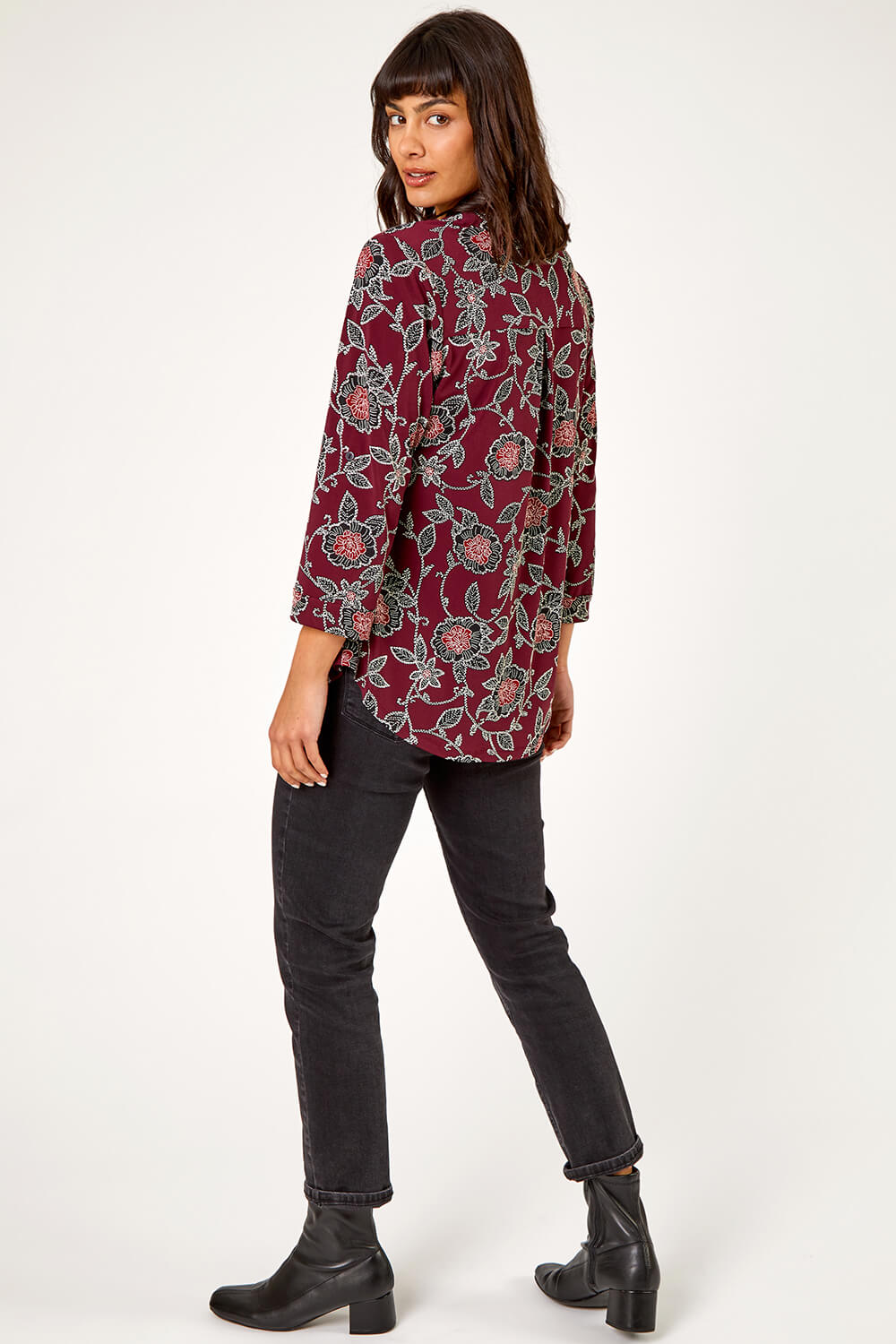 Wine Textured Floral Print Stretch Shirt , Image 2 of 5