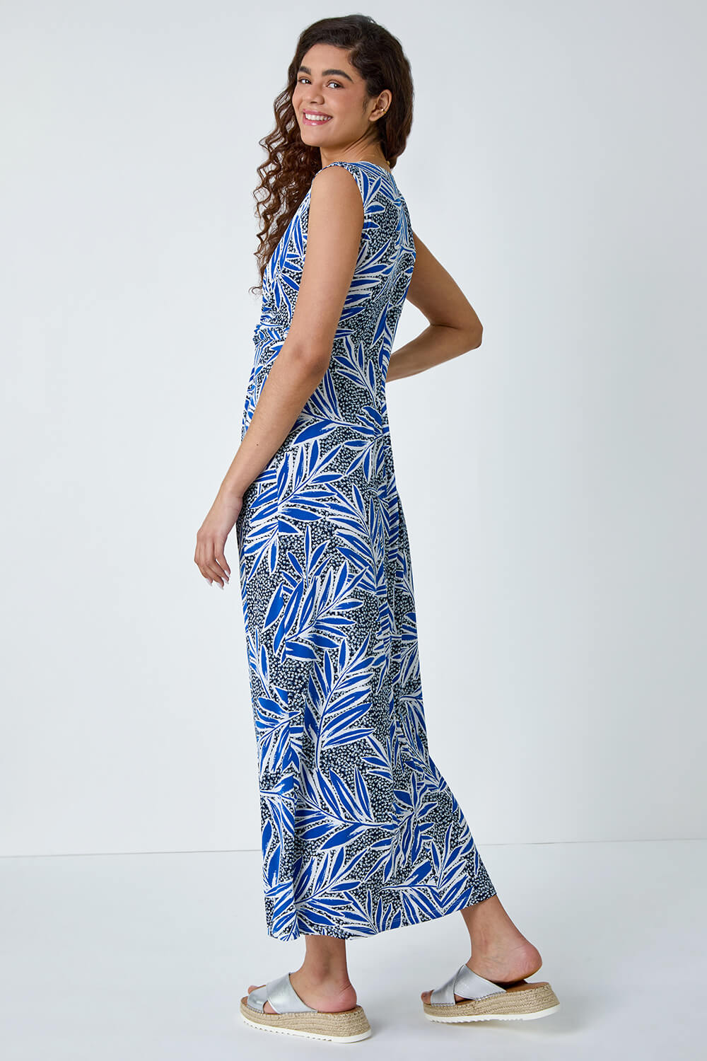 Navy  Tropical Puff Print Twist Stretch Maxi Dress, Image 3 of 5